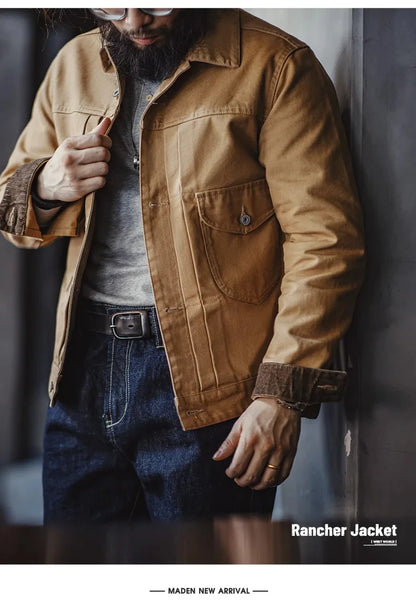 Herren Jeansjacke Vintage schwere Canvas Rancherjacken mit Kragen und Taschen