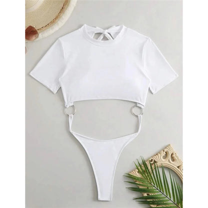 Damen Badeanzug Micro Tanga Cut-Out Monokini Kurzarm 9 Farben