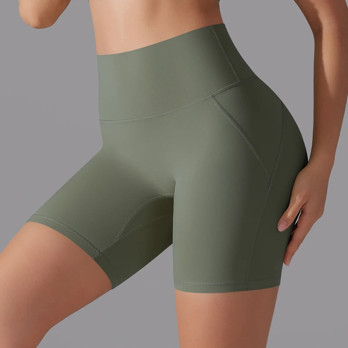 Yoga-Shorts mit hoher Taille, dunkelgrün, seitliche Po-Naht, kurz