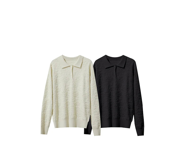 Zwei Damenpullover, einfarbig: creme und schwarz, mit Knopfkragen