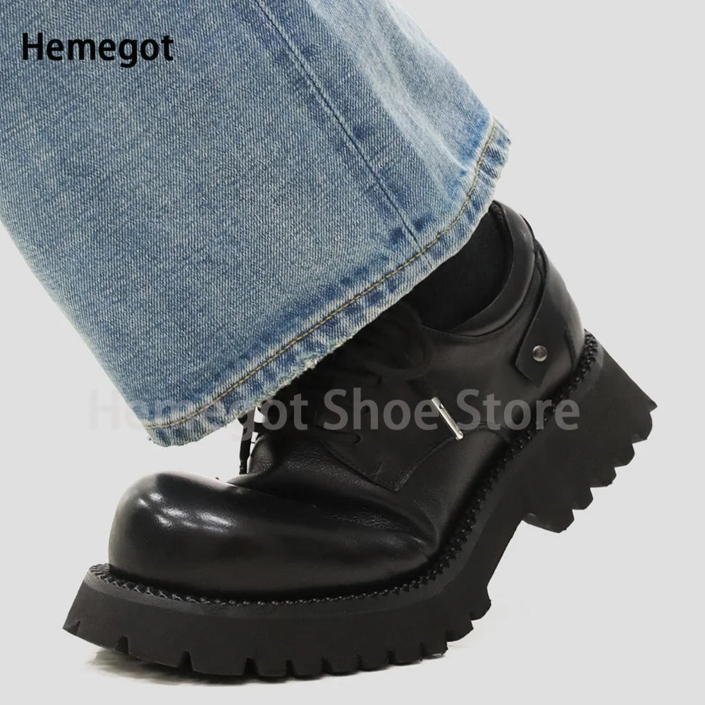 Thick Soles Derby Shoes for Men Black Cowhide Casual Commuter Leather Shoes Size 36-44 Luxury Handmade Top Quality Men Shoes