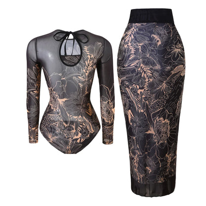 Damen-Badeanzug Blumen Langarm Sarong einteilig gepolstert