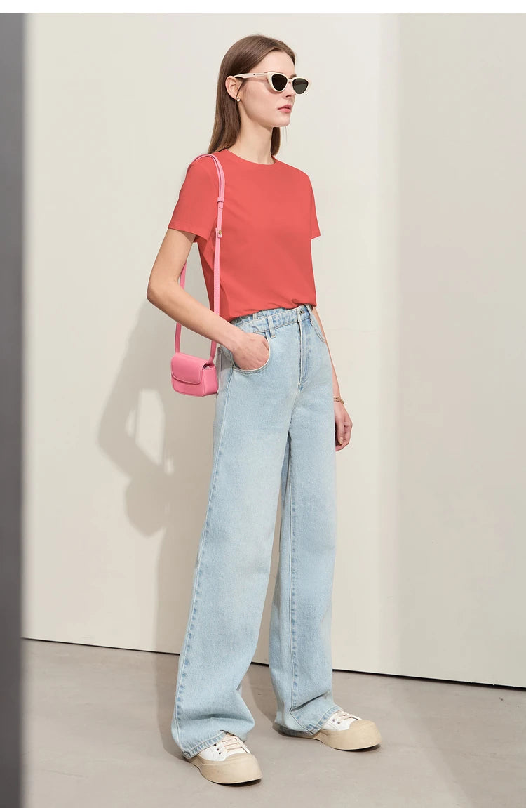 Damen T-Shirt im minimalistischen Stil mit lässigem O-Ausschnitt und kurzen Ärmeln