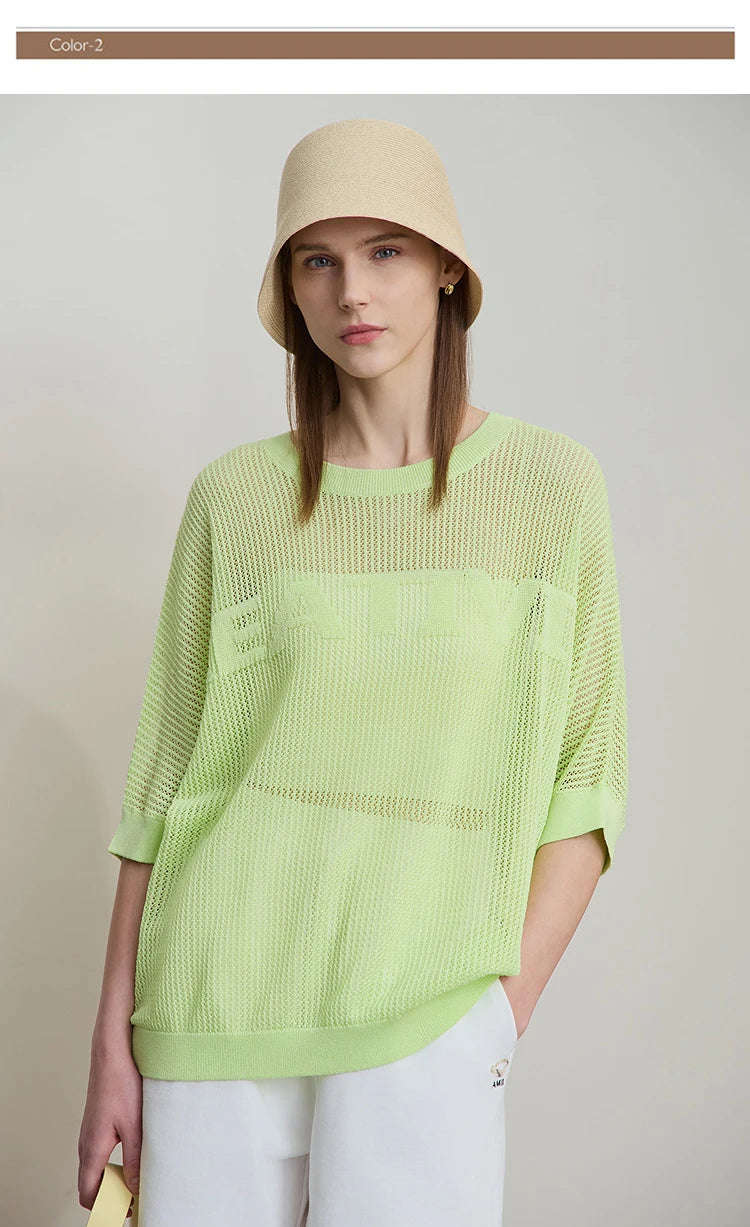 Damen-Strickpullover mit Rundhalsausschnitt, kurzärmelig, leuchtend grün, locker geschnitten