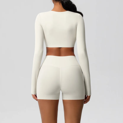Damen Gym-Set (Quick-Dry): Crop-Top und Shorts, Hellivory (Rückansicht)