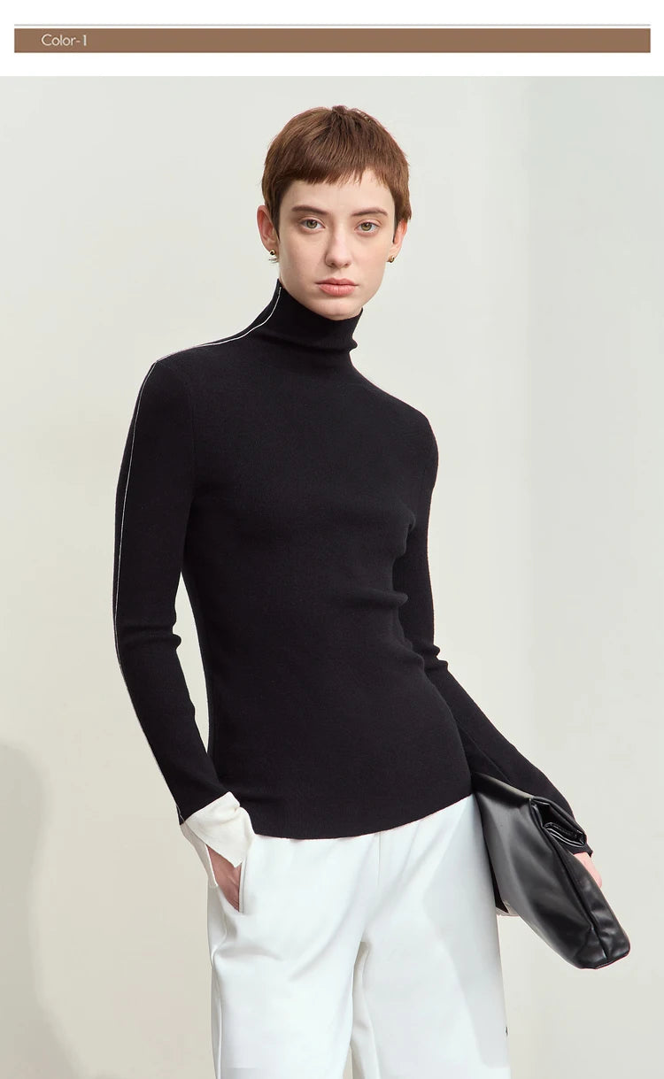 Damen-Rollkragenpullover Farbkontrast Slim Fit Langarm Frühling