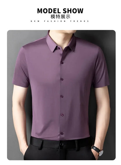 Herren-Hemd mit Vier-Wege-Stretch, Farbblock-Diamantmuster und Knopfleiste – ideal für Business-Casual und formelle Anlässe.