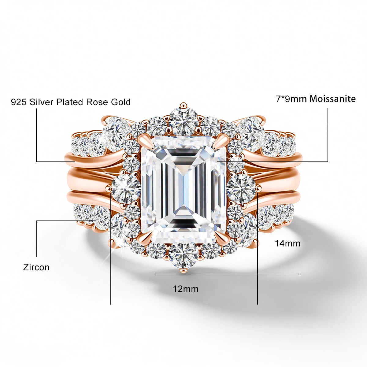 Damen-Verlobungsring-Set aus Moissanit im Smaragd-Schliff Halo-Umrandung 925er Sterlingsilber