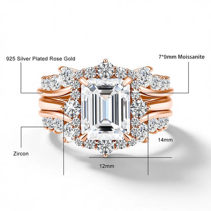 Damen-Verlobungsring-Set aus Moissanit im Smaragd-Schliff Halo-Umrandung 925er Sterlingsilber