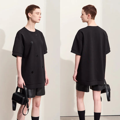Damen T-Shirts im Minimalismus-Stil mit losem Patchwork und Dekoration