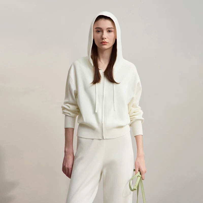 Damen-Strickjacke Kapuze Reißverschluss locker Wolle-Mix Herbst-Winter
