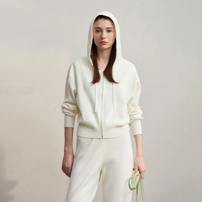 Damen-Strickjacke Kapuze Reißverschluss locker Wolle-Mix Herbst-Winter