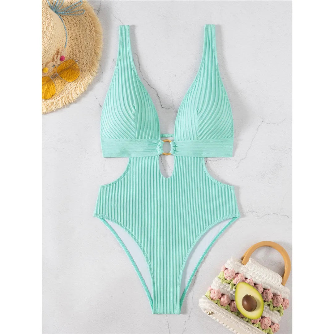 Damen Badeanzug tiefer V-Ausschnitt Cut-Out Monokini hoher Beinausschnitt 8 Farben