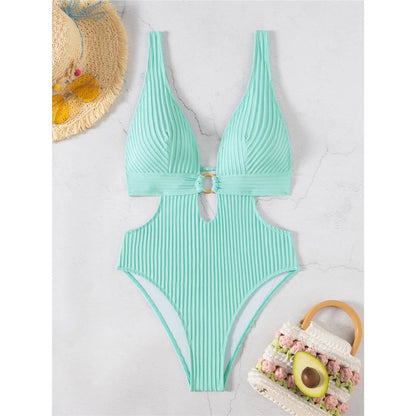 Damen Badeanzug tiefer V-Ausschnitt Cut-Out Monokini hoher Beinausschnitt 8 Farben