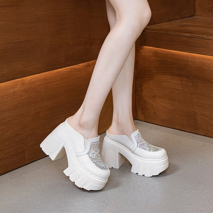 AIYUQI frauen Hausschuhe 2025 Neue Echtes Leder Sommer frauen Hausschuhe Rhindiamonds 11 cm Hohe Zehe Geschlossene Hausschuhe Frauen
