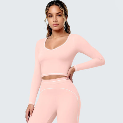 Damen Yoga-Langarmshirt, hellrosa mit V-Ausschnitt, schmalen Bündchen und Nahtlinien