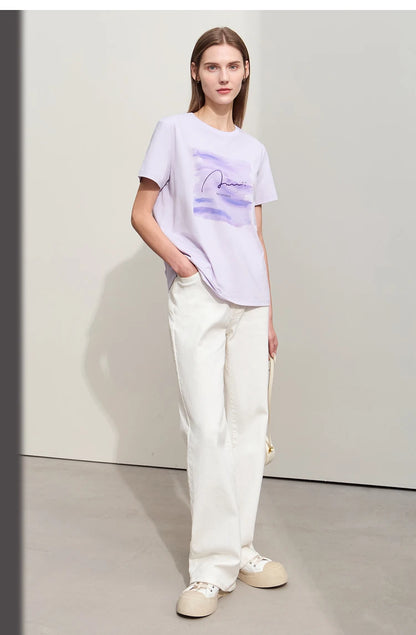 Damen T-Shirts im lässigen Minimalismus-Stil mit O-Ausschnitt und Stickerei