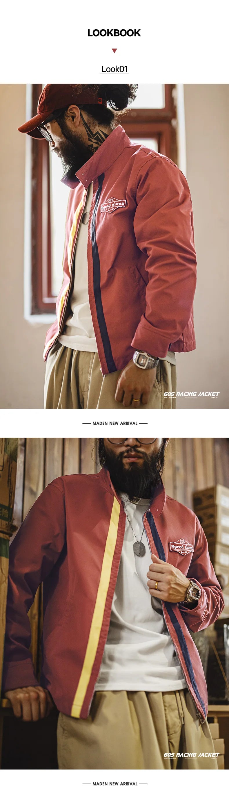 Herren Rennjacke Retro 60er Jahre Stehkragen Reißverschluss Sportlich Lässig