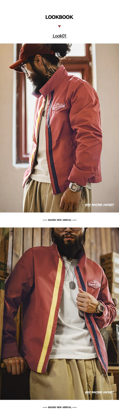 Herren Rennjacke Retro 60er Jahre Stehkragen Reißverschluss Sportlich Lässig