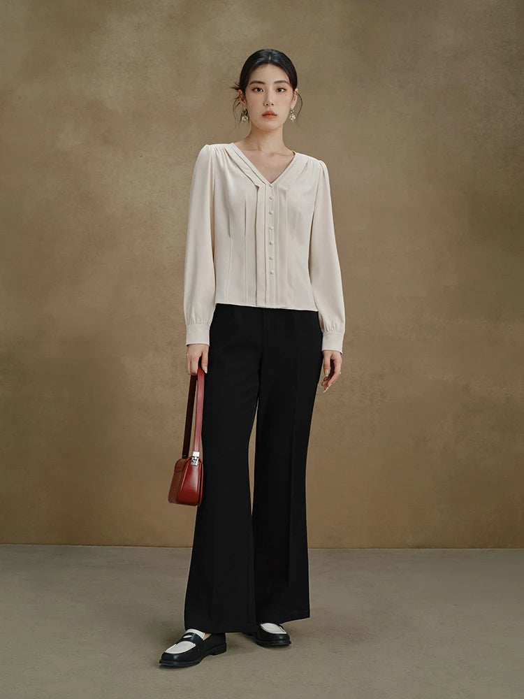 Elegante Damenbluse mit V-Ausschnitt – Schlanke Passform in Gelb oder Blau für stilvolle Herbst-Looks