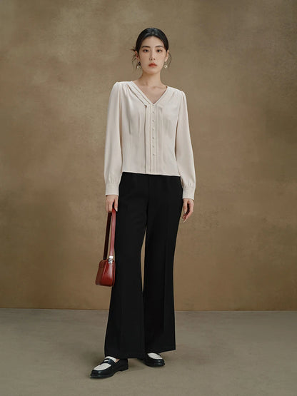 Elegante Damenbluse mit V-Ausschnitt – Schlanke Passform in Gelb oder Blau für stilvolle Herbst-Looks