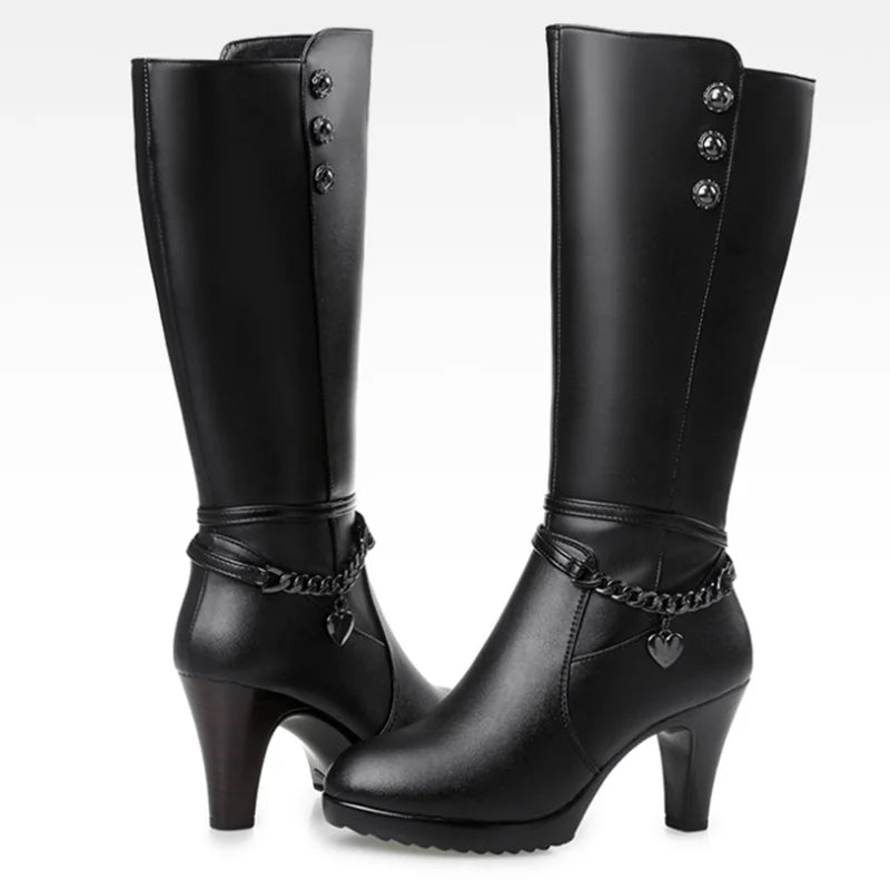 AIYUQI Female winter shoes Woman boots high-heeled Genuine Leather motorcycle boots thick wool warm winter boots riding Boot