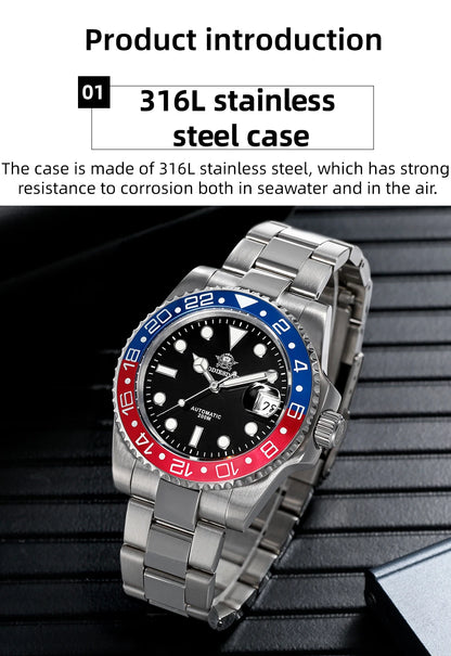 Herren Business-Automatikuhr 8215 Saphirglas 200m wasserdicht GMT Leuchtzeiger