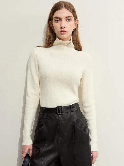 Damen-Rollkragenpullover Kaschmir-Wolle Slim Stickerei Winter