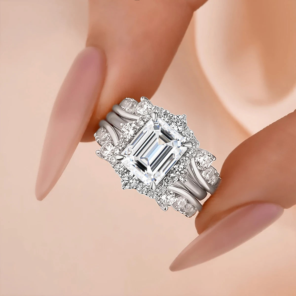 Damen-Verlobungsring-Set aus Moissanit im Smaragd-Schliff Halo-Umrandung 925er Sterlingsilber