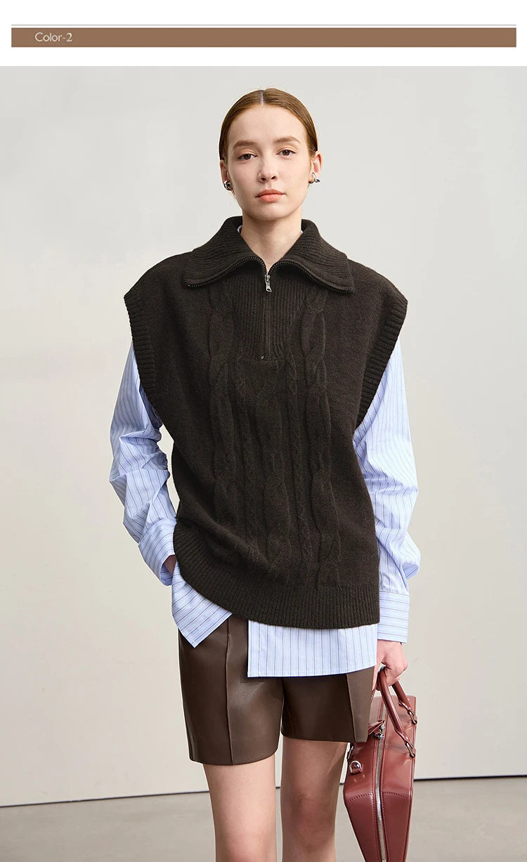Ärmellose Strickweste mit Stehkragen und Zipper, dunkel, gerippter Saum, klarer Schnitt