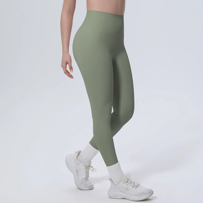 High-Waist-Yogaleggings olivgrün, seitliche Ansicht, körperbetontes Stretchmaterial