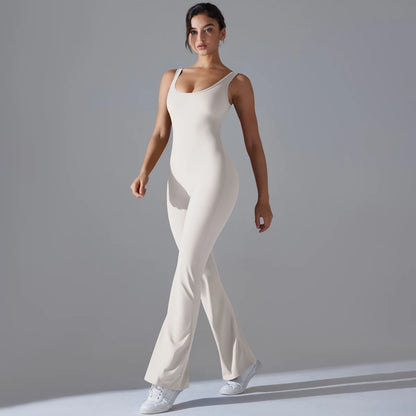 Damen Yoga-Overall, ärmellos, schmale Passform, weiß, mit weitem Schlagbein