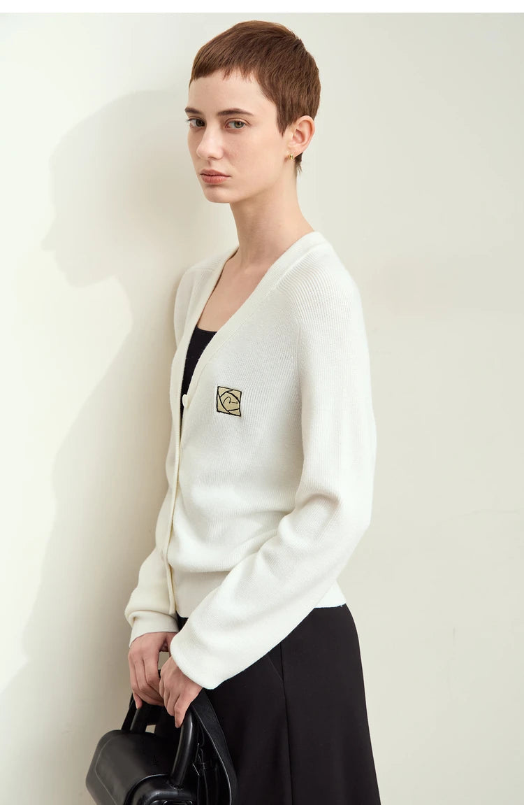 Damen-Strickjacke Wolle V-Ausschnitt Patchwork Stickerei kurz Französisch Herbst