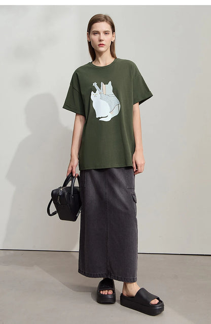 Damen Top im minimalistischen Stil mit O-Ausschnitt und bedrucktem Design