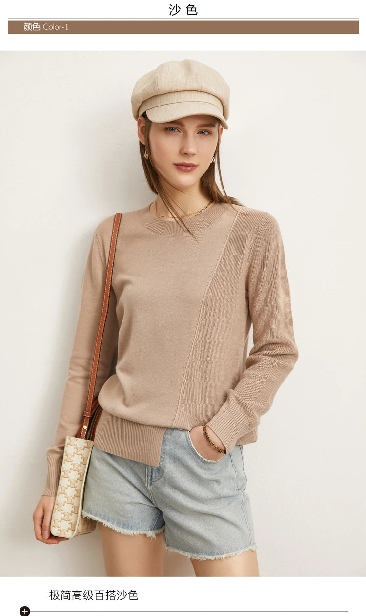 Damenpullover in Sand mit Rundhalsausschnitt, langem Arm und geripptem Saum