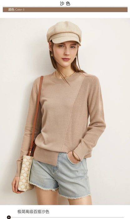 Damenpullover in Sand mit Rundhalsausschnitt, langem Arm und geripptem Saum