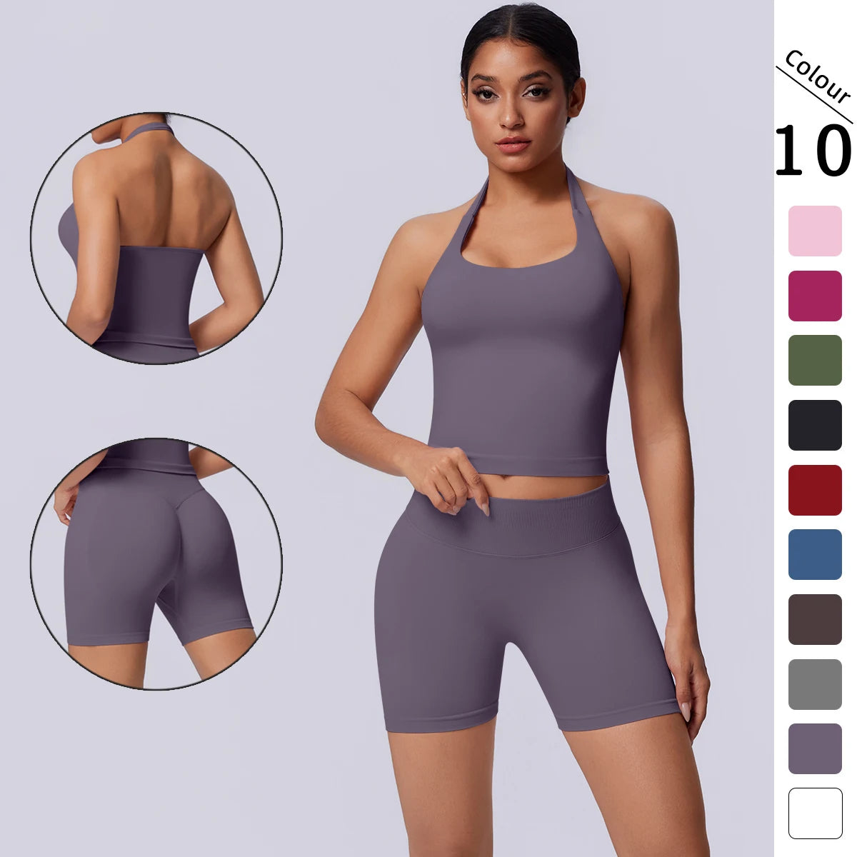 3-teiliges Yoga-Set in dunklem Violett: Nahtloser Sport-BH und kurze Leggings