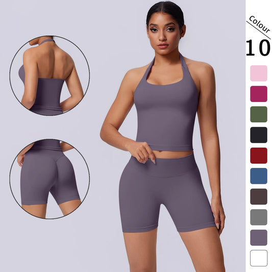 3-teiliges Yoga-Set in dunklem Violett: Nahtloser Sport-BH und kurze Leggings