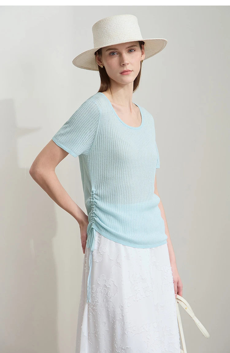 Damen-Sommerpullover, Rundhals, Kurzarm, hellblauer Rippenstrick, seitlicher Kordelzug