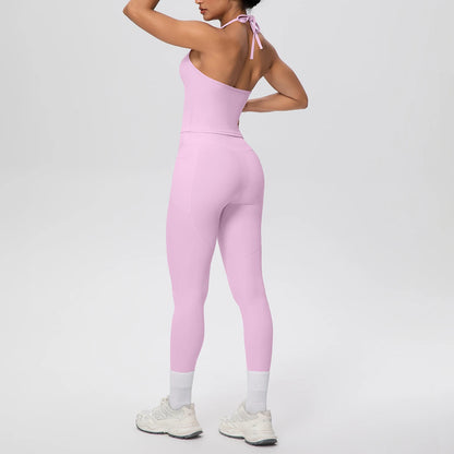 Damen-Yoga-Set in Flieder: Rückansicht von Top und Leggings mit Handytasche