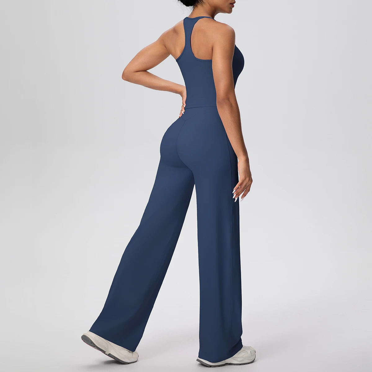 Damen-Yoga-Set Navy, ärmellos mit tiefem Rückenausschnitt und weitem Bein