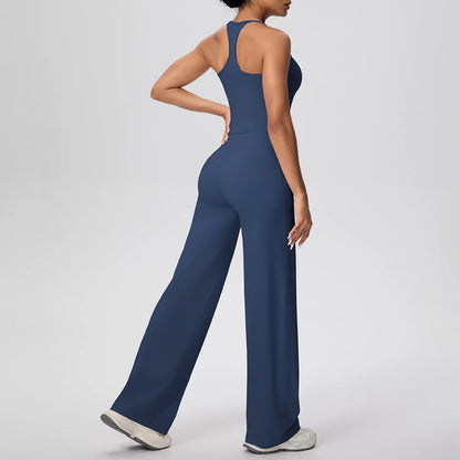 Damen-Yoga-Set Navy, ärmellos mit tiefem Rückenausschnitt und weitem Bein