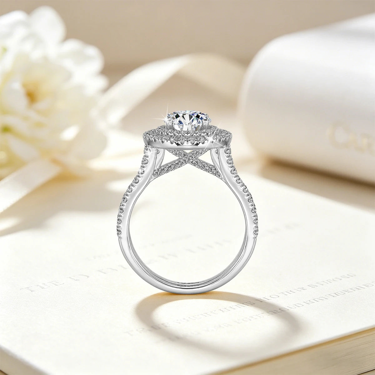 Damen-Verlobungsring-Set aus 925er Silber mit Moissanit Doppel-Halo 7 mm 1,2 ct Luxus-Schmuck