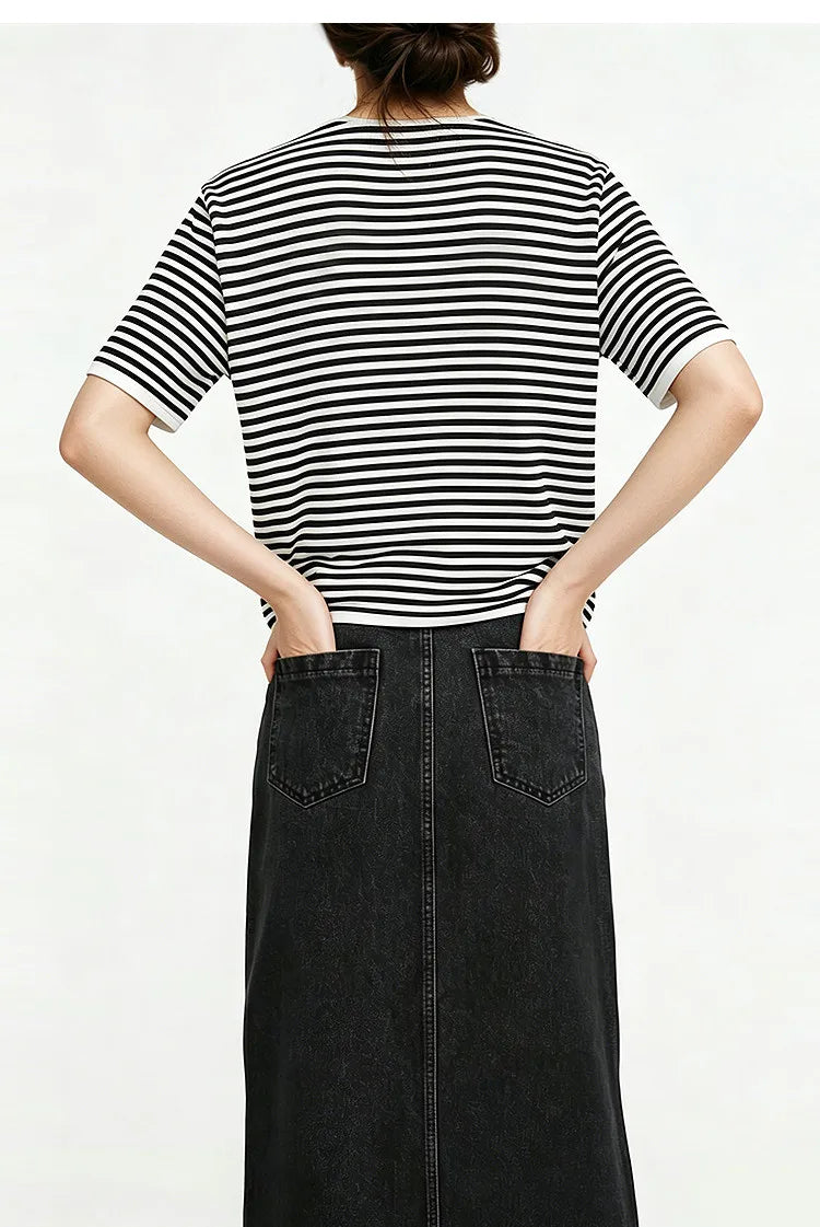 Damen-Rundhalspullover Colorblock Streifen Kurzarm locker Viskose Sommer
