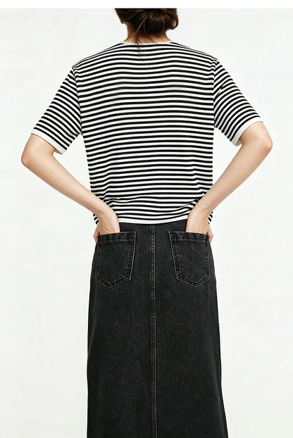 Damen-Rundhalspullover Colorblock Streifen Kurzarm locker Viskose Sommer