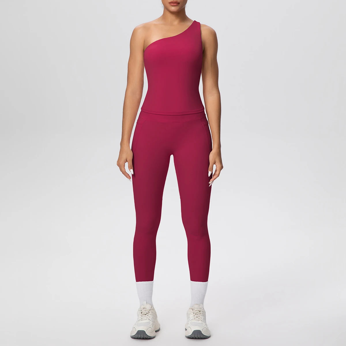 Yoga-Set mit einarmigem Top und langen Leggings, weinrot
