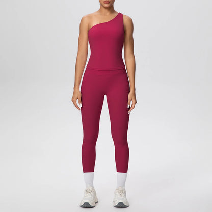 Yoga-Set mit einarmigem Top und langen Leggings, weinrot