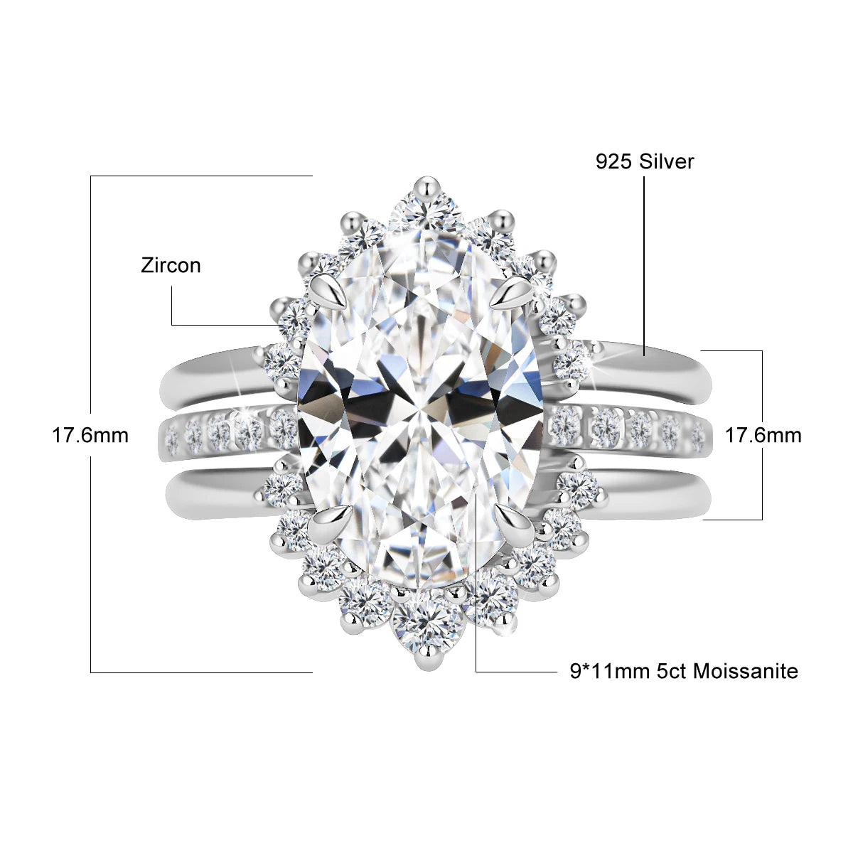 Damen-Verlobungsring-Set aus Silber mit ovalem Moissanit, 5 Karat Gesamt, 3-Teiliges Ringset, Zertifikat