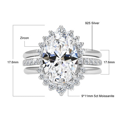 Damen-Verlobungsring-Set aus Silber mit ovalem Moissanit, 5 Karat Gesamt, 3-Teiliges Ringset, Zertifikat