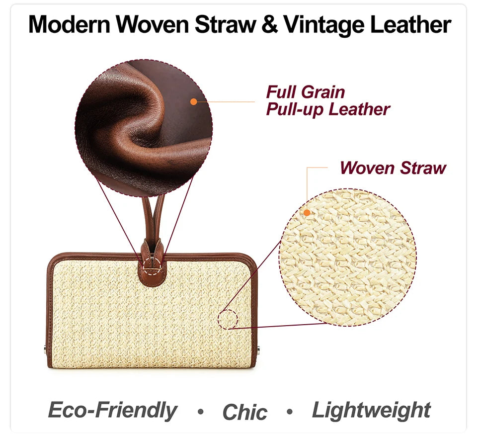 Handytasche mit geflochtenem Stroh und brauner Lederkantenverarbeitung, beige
